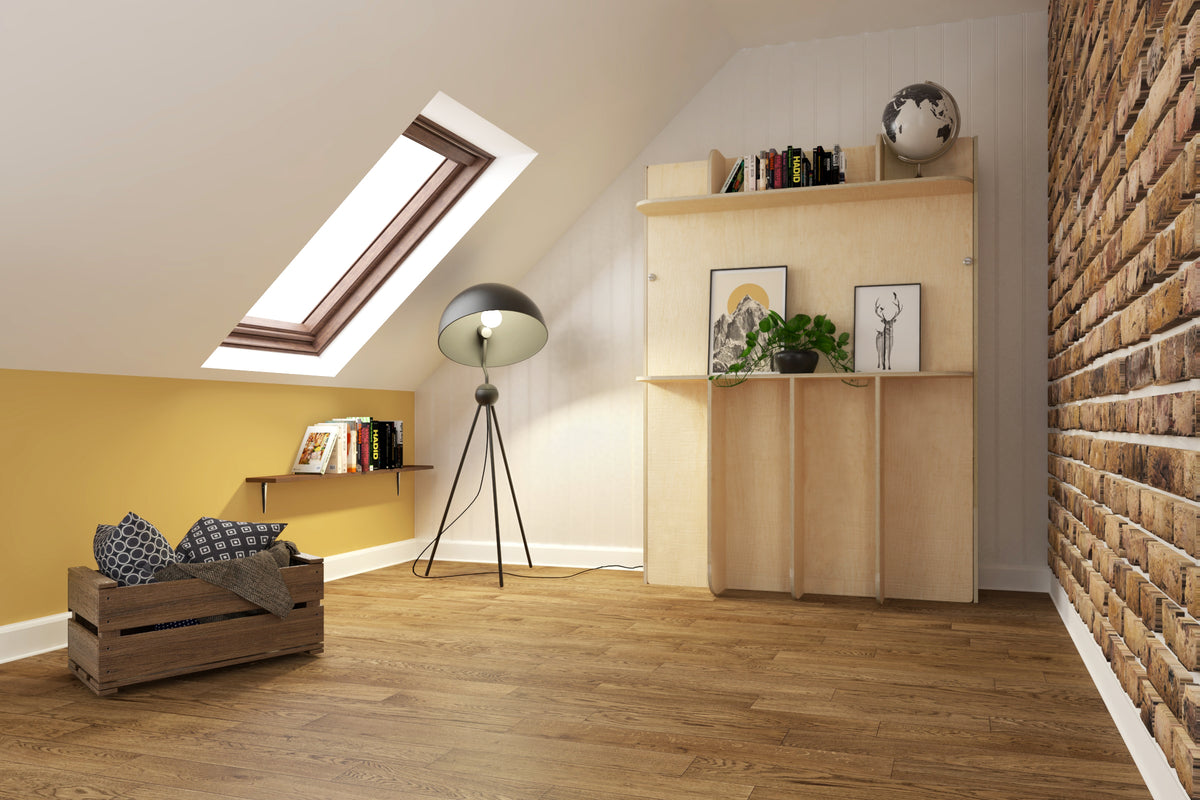 Closed queen vertical murphy bed in an attic decorated with books