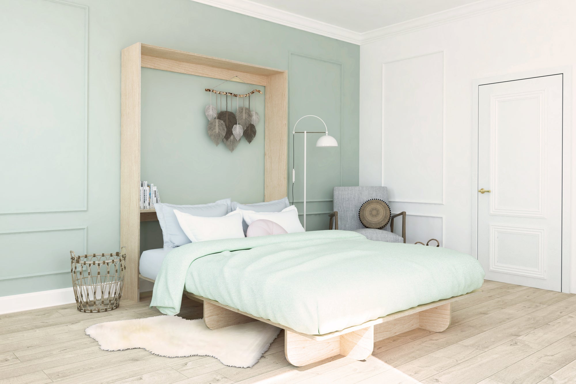 Queen murphy bed in a boho bedroom with mint bedsheets and walls