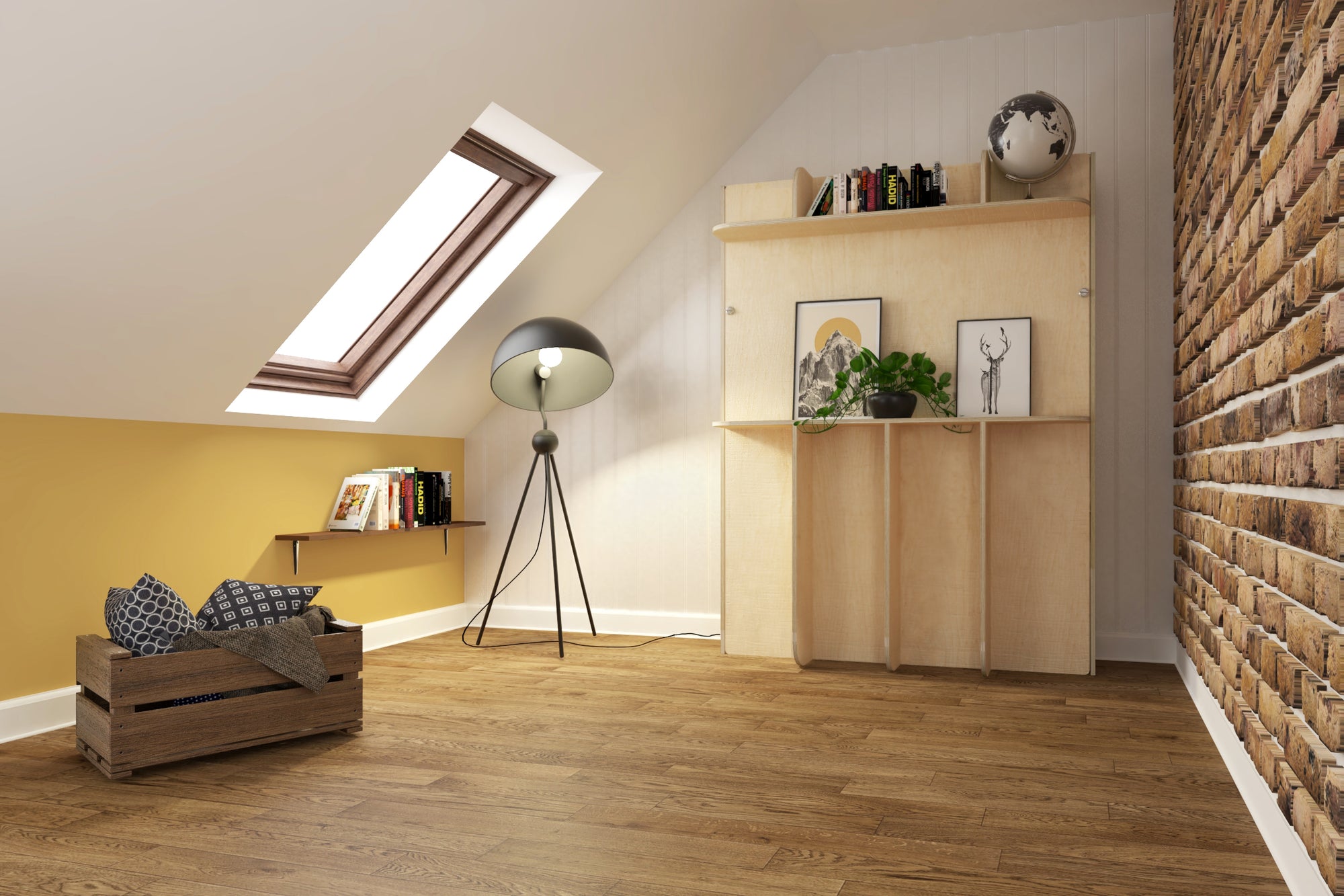 Closed queen vertical murphy bed in an attic decorated with books