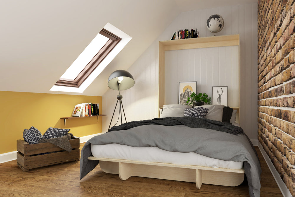Open queen vertical Murphy bed in an attic decorated with books