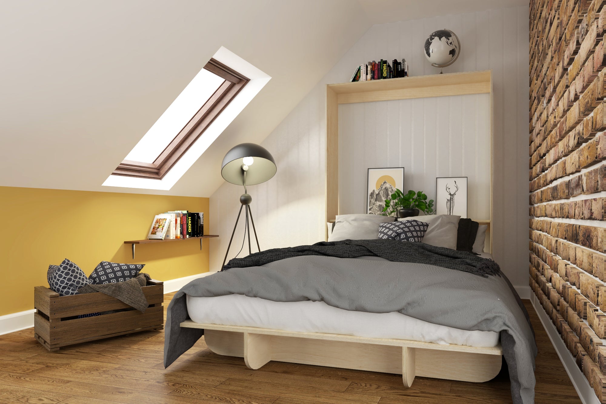 Open queen vertical Murphy bed in an attic decorated with books