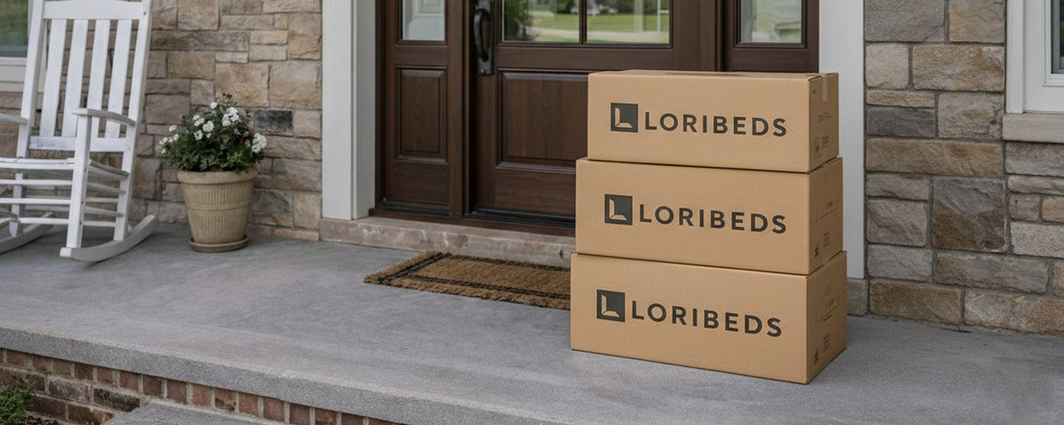 Lori shipping boxes on a front porch